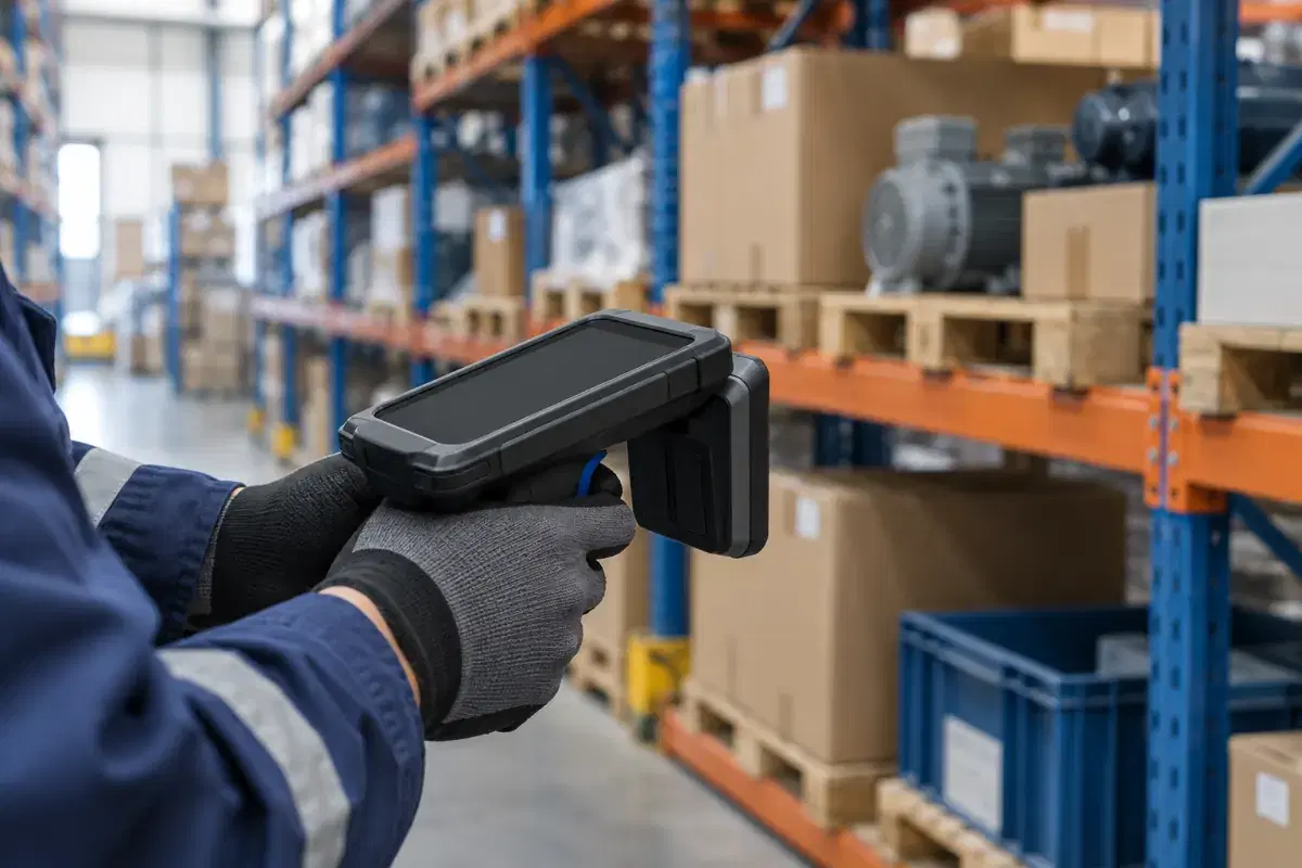 Operador com luva segurando um coletor RFID portátil com empunhadura de pistola, lendo ativos em estante de almoxarifado