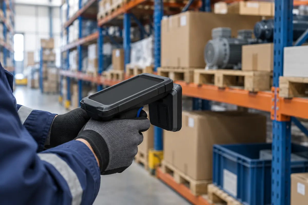 Coletor RFID em uso na leitura de itens nas prateleiras de um armazém