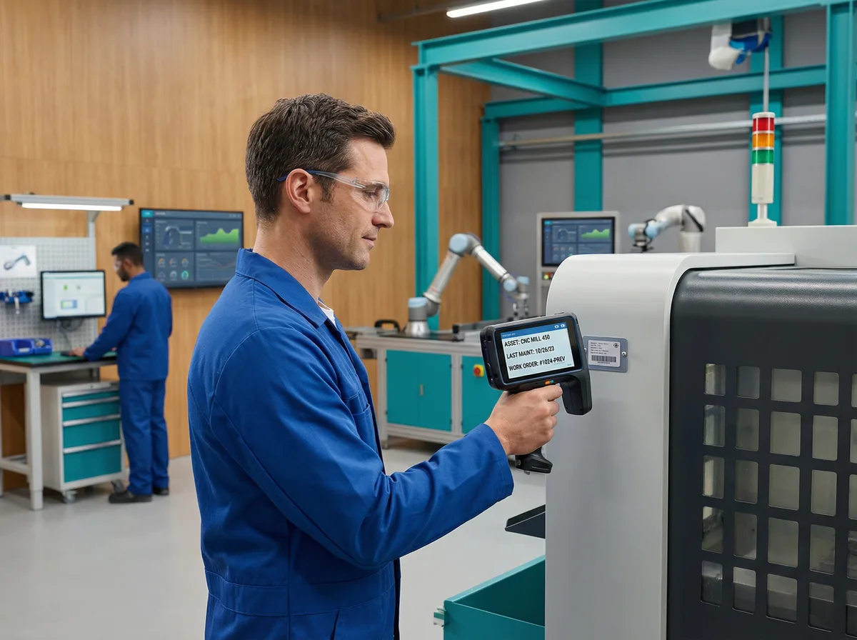 Técnico escaneando RFID em ativo industrial