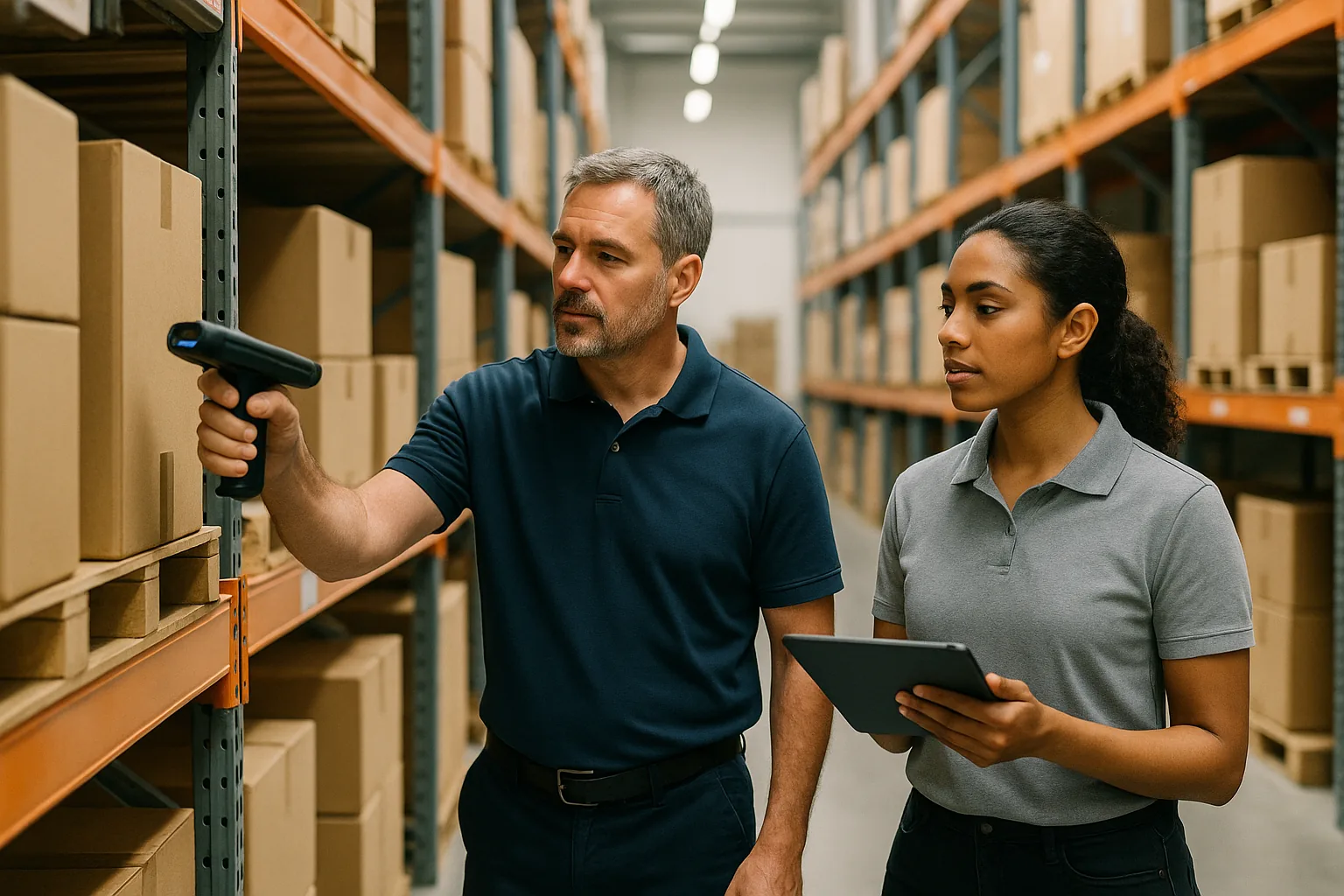 Especialista de inventário CPCON revisando estoque com leitor digital em centro de distribuição