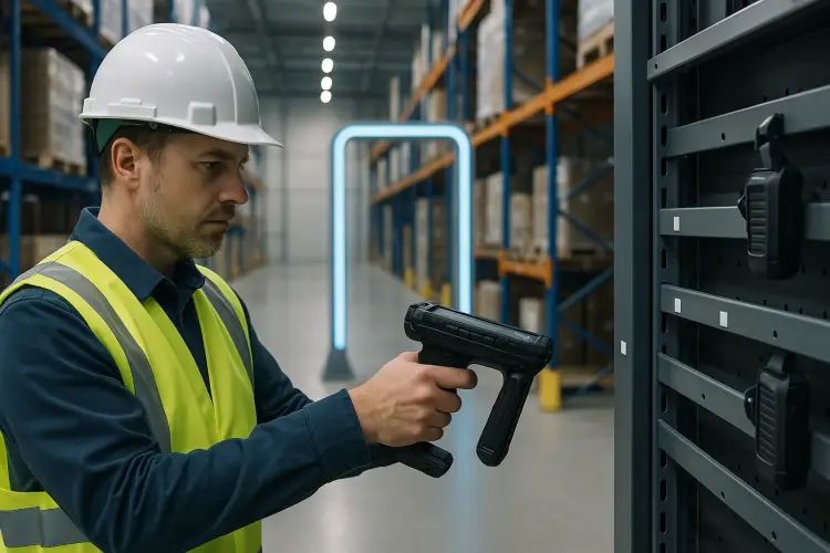 Técnico com coletor RFID lendo etiquetas de ativos em um armazém, com portal RFID ao fundo