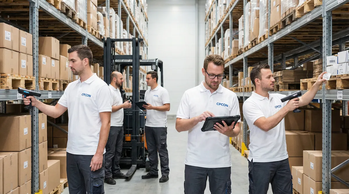 Equipe CPCON realizando inventário profissional com scanners e tablets em warehouse