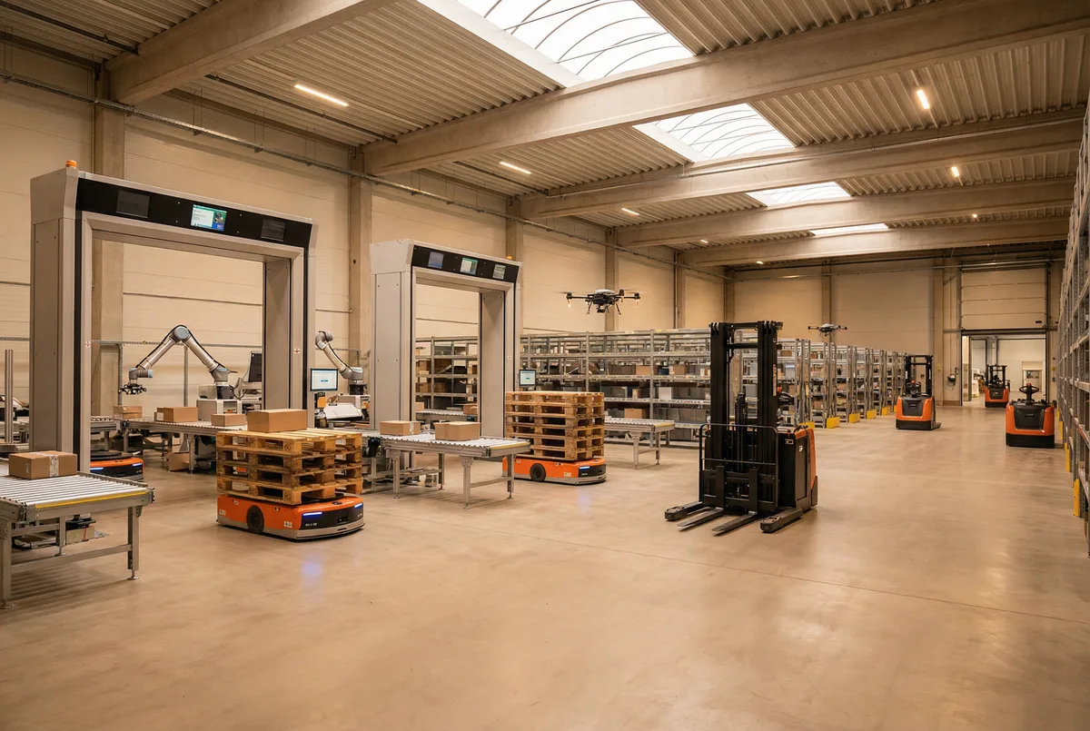 Warehouse com empilhadeira, portais RFID e rastreamento automatizado