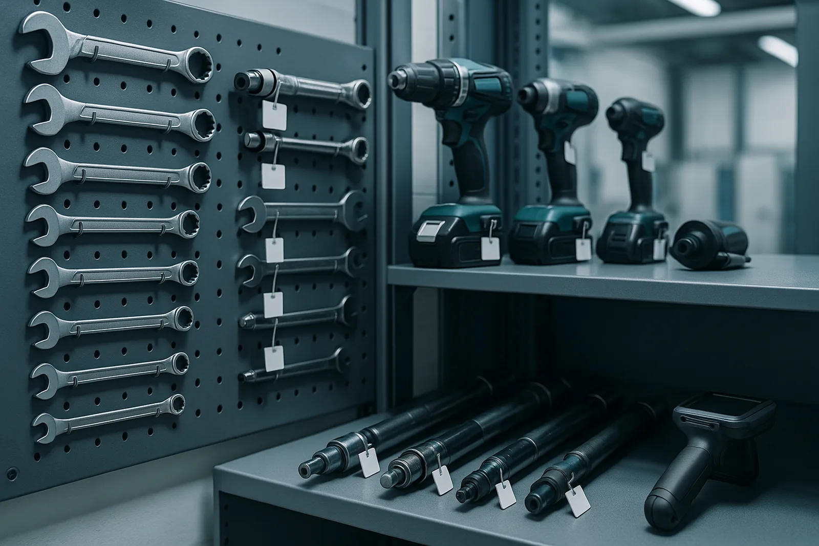 Técnico com coletor RFID controlando ferramentas em almoxarifado