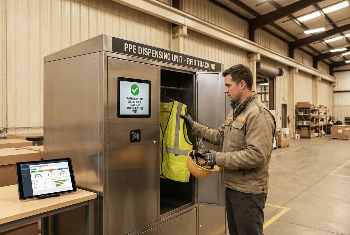 Dispensador de EPIs com rastreamento RFID e tablet de controle