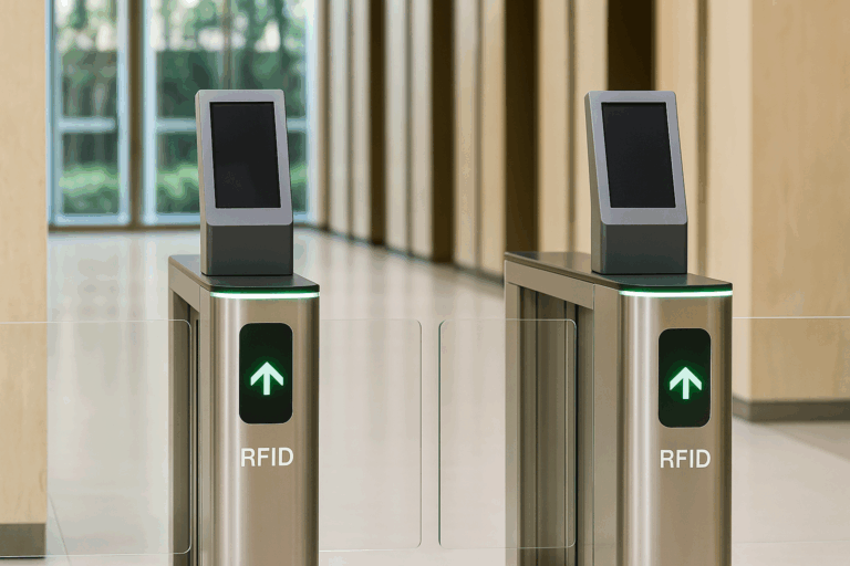 Portal RFID instalado em área corporativa, com sensores e etiquetas sendo lidas automaticamente para controle de ativos e rastreabilidade em tempo real.